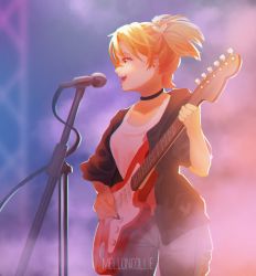 Rule 34 | 1girl, absurdres, cable, choker, concert, dvach-tan, electric guitar, everlasting summer, guitar, highres, instrument, jacket, light smile, melloncollie-chan, microphone, music, open clothes, open mouth, orange hair, playing instrument, plectrum, short hair, singing, smile, solo, fender stratocaster, undershirt, visual novel, yellow eyes