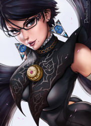 Rule 34 | 1girl, amulet, ass, bayonetta, bayonetta (series), bayonetta 2, black hair, blue eyes, breasts, capelet, close-up, dandon fuga, earrings, glasses, jewelry, lips, lipstick, looking at viewer, makeup, medium breasts, mole, mole under mouth, nose, portrait, short hair, solo, upper body