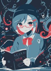 Rule 34 | 1girl, :|, blue background, blue cardigan, blue eyes, blue hair, blue theme, book, bow, bowtie, bright pupils, bubble, cardigan, closed mouth, commentary request, dot nose, fish, furrowed brow, glasses, highres, holding, holding book, limited palette, long sleeves, looking down, mochigome (ununquadium), multicolored eyes, open book, open mouth, original, reading, red-framed eyewear, red bow, red bowtie, red eyes, school uniform, semi-rimless eyewear, shark, sharp teeth, shirt, short hair, solo, sweatdrop, swept bangs, table, teeth, tentacles, upper body, wavy mouth, white pupils, white shirt