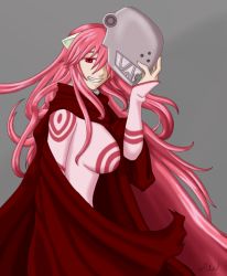 Rule 34 | 1girl, bodysuit, breasts, cape, commentary, cosplay, crossover, deadman wonderland, elfen lied, grin, helmet, horns, long hair, looking at viewer, lucy (elfen lied), open mouth, pink hair, pyrolover90, red cape, red eyes, shiro (deadman wonderland), shiro (deadman wonderland) (cosplay), smile, very long hair