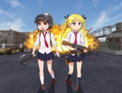 Rule 34 | 2girls, :d, akm, assault rifle, backpack, bag, black legwear, black ribbon, black skirt, blonde hair, blue sky, blush, brown eyes, brown footwear, brown hair, building, can, car, closed mouth, cloud, collared shirt, commentary request, energy drink, explosion, frown, frying pan, gun, hair ribbon, holding, holding can, holding frying pan, holding gun, holding weapon, holster, kalashnikov rifle, kill me baby, long hair, looking to the side, loose necktie, mohya, motor vehicle, multiple girls, necktie, open mouth, oribe yasuna, outdoors, playerunknown&#039;s battlegrounds, pleated skirt, purple eyes, red bull, red neckwear, ribbon, rifle, school uniform, shadow, shirt, shoes, short hair, skirt, sky, sleeves rolled up, smile, socks, sonya (kill me baby), star (symbol), thigh holster, twintails, walking, weapon, weapon request, white legwear, white shirt