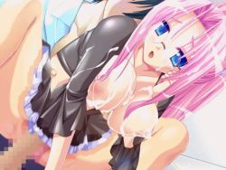 Rule 34 | 1boy, 1girl, animated, animated gif, blue eyes, blush, breasts, censored, character request, cum, cum on body, cum on breasts, cum on upper body, doppuri nakadashi gakuen sensou, facial, game cg, girl on top, glasses, hetero, large breasts, long hair, lowres, miyasu risa, penis, pink hair, pussy, reverse cowgirl position, sex, sex from behind, skirt, straddling