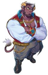Rule 34 | 1boy, absurdres, animal ears, another eidos-r, arm hair, bara, beard, biceps, blue eyeshadow, blush, brown hair, chest hair, collared vest, colored sclera, colored skin, crossed arms, demon boy, demon horns, eyeshadow, facial hair, forked eyebrows, from above, gold necklace, green eyes, hairy, head tilt, highres, horns, horse boy, horse ears, horse tail, jewelry, large pectorals, makeup, male focus, mature male, medium hair, muscular, muscular male, mustache stubble, necklace, partially unbuttoned, pectoral cleavage, pectorals, pointy ears, purple skin, red vest, solo, stalon (another eidos), stubble, tail, thick eyebrows, tusks, vest, white background, white hair, yakisoba ohmori, yellow sclera