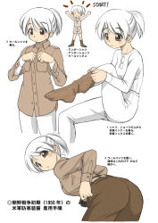 Rule 34 | 1girl, :d, belt, brown eyes, brown pants, dressing, ebifly, how to, military, military uniform, multiple views, numbered, open mouth, original, pants, ponytail, shirt, short hair, simple background, smile, socks, standing, translation request, uniform, white background, white hair, white pants, white shirt