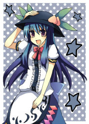 Rule 34 | 1girl, :d, arm up, blue hair, blue skirt, blush, border, bow, bowtie, buttons, center frills, cowboy shot, female focus, food, frills, fruit, hat, hinanawi tenshi, leaf, long hair, looking at viewer, mikage natsu, open mouth, peach, puffy short sleeves, puffy sleeves, rainbow order, red bow, red bowtie, shirt, short sleeves, skirt, smile, solo, star (symbol), tareme, touhou, white shirt