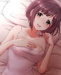 Rule 34 | 1girl, :o, armpit crease, bare shoulders, bed, bed sheet, blush, breasts, brown hair, collarbone, covered erect nipples, dutch angle, fang, hand on own chest, hands up, highres, idolmaster, idolmaster cinderella girls, looking at viewer, lying, maekawa miku, mariabowl, medium breasts, on back, pillow, short hair, skin fang, solo, strap slip, tank top, upper body