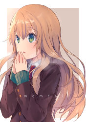 Rule 34 | 1girl, :o, absurdres, asanagi kurumi (panda-doufu), blazer, blonde hair, blush, border, breath, brown background, brown jacket, commentary request, green eyes, highres, jacket, long hair, long sleeves, looking away, necktie, original, outside border, own hands together, parted lips, red necktie, school uniform, simple background, solo, tareme, white border, wing collar