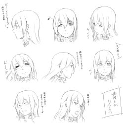 Rule 34 | &gt; &lt;, 10s, 1girl, blush, character sheet, commentary request, epaulettes, closed eyes, female admiral (kancolle), greyscale, hair between eyes, head only, kantai collection, long hair, looking at viewer, monochrome, multiple views, musical note, nervous, niwatazumi, open mouth, pointer, pursed lips, quaver, sidelocks, sketch, smile, sweat, tatebayashi sakurako, translation request, white background