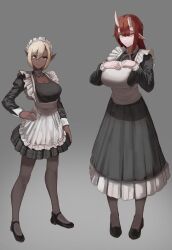 Rule 34 | 2girls, absurdres, apron, black dress, black footwear, blonde hair, breasts, broken horn, cleavage, dark elf, dark skin, demon girl, demon horns, dress, elf, expressionless, frilled apron, frills, full body, grey background, hands on own chest, hands on own hips, highres, horns, large breasts, long hair, long sleeves, looking at viewer, maid, maid apron, maid headdress, medium hair, multiple girls, oni, original, pantyhose, pointy ears, puffy sleeves, red hair, simple background, soolee040995, waist apron, white apron, yellow eyes
