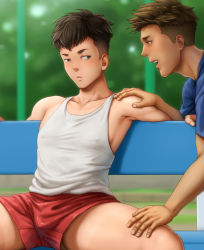 Rule 34 | 2boys, bare shoulders, bench, blue shirt, blurry, blush, brown hair, bulge, collarbone, covered erect nipples, day, depth of field, eye contact, hand on another&#039;s shoulder, hand on another&#039;s thigh, hands up, looking at another, male focus, multiple boys, on bench, open mouth, original, outdoors, red shorts, shirt, short hair, short shorts, short sleeves, shorts, shorts tan, sitting, sleeveless, spiked hair, spread legs, tan, tank top, tanline, taut clothes, tentakun, white tank top, yaoi
