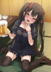 Rule 34 | 1girl, absurdres, alcohol, beer, beer mug, black dress, black thighhighs, blush, bow, brown eyes, brown hair, cup, dress, drunk, fang, hair bow, hand to own mouth, head tilt, highres, indoors, long hair, looking at viewer, mug, open mouth, original, ribbon, short dress, sitting, skindentation, smile, solo, table, tatami, thighhighs, thighs, two side up, urabesunahito, very long hair