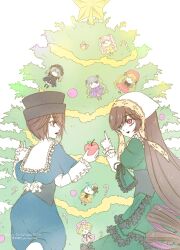 Rule 34 | 2023, 2girls, apple, barasuishou, bell, black corset, black headwear, black ribbon, blue capelet, blue shorts, brown hair, candy, candy cane, capelet, character doll, christmas, christmas tree, commentary request, corset, dress, feet out of frame, food, frilled dress, frilled shirt, frilled shirt collar, frills, fruit, green dress, green eyes, hat, head scarf, heterochromia, highres, hinaichigo, holding, holding food, holding fruit, kanaria, kirakishou, kiru (m putorius), lace, lolita fashion, long hair, long sleeves, looking at another, looking to the side, medium bangs, merry christmas, multiple girls, open mouth, pale skin, pointing, red apple, red eyes, ribbon, rozen maiden, shinku, shirt, short hair, shorts, siblings, sisters, smile, souseiseki, standing, star (symbol), suigintou, suiseiseki, top hat, twins, very long hair, white headwear, white shirt