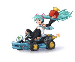 Rule 34 | 1girl, 2020, absurdres, aqua hair, arm tattoo, blue eyes, boots, commentary, detached sleeves, driving, english commentary, full body, go-kart, hatsune miku, headphones, highres, holding, mario (series), mario kart, miniskirt, nintendo, parody, pleated skirt, race vehicle, signature, sitting, skirt, snoozincopter, solo, super horn, tattoo, thigh boots, twintails, vocaloid