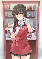 Rule 34 | 1girl, apron, black hair, black skirt, black vest, blue ribbon, commentary request, commission, counter, dress shirt, gloves, hayashio (kancolle), highres, kantai collection, kitchen, koureikyou kou, long hair, looking at mirror, looking at viewer, mirror, pleated skirt, red apron, red eyes, reflection, ribbon, shirt, sink, skeb commission, skirt, solo, vest, white apron, white gloves, white shirt