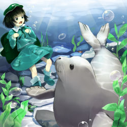 Rule 34 | 1girl, :o, afloat, air bubble, backpack, bag, black hair, boots, crab, dark haired kappa, falling, flat cap, floating, green eyes, hat, highres, kappa mob (touhou), light rays, long sleeves, looking at another, looking down, loose clothes, manzairaku, open mouth, piyodesu, plant, ribbon, rock, rubber boots, seal (animal), seaweed, short hair, skirt, skirt set, solo, sunbeam, sunlight, touhou, underwater, water, wide-eyed, wild and horned hermit
