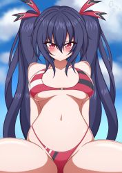 Rule 34 | absurdres, bare shoulders, beach, bikini, black hair, breasts, crimsle, frown, highres, long hair, medium breasts, navel, neptune (series), noire (neptunia), pout, red eyes, ribbon, sitting, sky, swimsuit, thighs, tsundere, twintails
