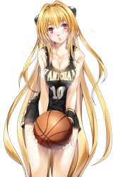 Rule 34 | 1girl, alternate costume, ball, bare shoulders, basketball, basketball (object), basketball uniform, blonde hair, blush, breasts, character name, cleavage, cowboy shot, hair intakes, hair ornament, highres, holding, holding ball, konjiki no yami, long hair, looking at viewer, medium breasts, nakano maru, numbered, red eyes, simple background, solo, sportswear, sweat, to love-ru, very long hair, white background