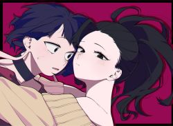 Rule 34 | 2girls, black border, black choker, black hair, blue hair, blush, boku no hero academia, border, brown sweater, choker, closed mouth, from side, highres, hug, jirou kyouka, long neck, looking at another, looking at viewer, lower teeth only, multiple girls, open mouth, ponytail, portrait, red background, short hair, sweater, teeth, tongu 11, yaoyorozu momo, yuri