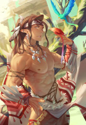 Rule 34 | 1boy, abs, bare pectorals, biceps, bird, bird on hand, brown hair, building, dark-skinned male, dark skin, dutch angle, earrings, feathers, fu tomiko, hand on own hip, high ponytail, highres, jewelry, long hair, looking at viewer, male focus, muscular, native american, necklace, nipples, open mouth, original, pectorals, pointy ears, solo, topless male