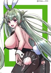 Rule 34 | 1girl, animal ears, antenna hair, black bow, black bowtie, black leotard, blush, bowtie, breasts, brown pantyhose, detached collar, fake animal ears, fake tail, from behind, goddess of victory: nikke, green hair, heart antenna hair, highleg, highleg leotard, huge breasts, leotard, long hair, looking at viewer, looking back, open mouth, pantyhose, pink eyes, playboy bunny, rabbit ears, rabbit tail, robo 666, sideboob, soda (nikke), soda (twinkling bunny) (nikke), solo, strapless, strapless leotard, tail, torn clothes, torn pantyhose, twintails, twitter username, wavy mouth, wrist cuffs