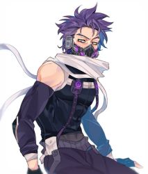 Rule 34 | 1boy, alternate costume, bare shoulders, black eyes, boku no hero academia, commentary, covered abs, covered mouth, cowboy shot, detached sleeves, english commentary, glowing, grey background, grey scarf, highres, long sleeves, male focus, pants, purple hair, rorokonaa, scarf, shinsou hitoshi, short hair, simple background, solo, v-shaped eyebrows