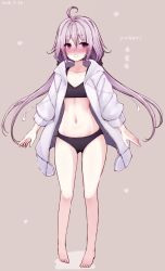 Rule 34 | 1girl, 2018, ahoge, arms at sides, bare legs, barefoot, bikini, black bikini, blush, character name, collarbone, dated, drawstring, full body, furrowed brow, gluteal fold, hachikuji, hair between eyes, highres, hood, hood down, hooded jacket, jacket, legs apart, long hair, low twintails, navel, nose blush, open clothes, open jacket, purple hair, solo, swimsuit, twintails, very long hair, vocaloid, voiceroid, yuzuki yukari