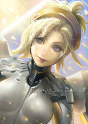 Rule 34 | 1girl, artist name, blonde hair, blue eyes, breasts, face, halo, light smile, lips, long hair, mechanical halo, mechanical wings, mercy (overwatch), overwatch, overwatch 1, signature, sinobilante, solo, watermark, wings