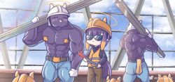 Rule 34 | 1girl, construction site, construction worker, crowbar, gloves, hard hat, helmet, hololive, hololive english, long hair, monja (monja0521), multicolored hair, multiple boys, muscular, ninomae ina&#039;nis, open mouth, pointy ears, purple hair, steel beam, sunglasses, takodachi (ninomae ina&#039;nis), tentacle hair, vest, virtual youtuber