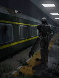 Rule 34 | android, andromon, bly mead, cable, digimon, flower, full body, grass, highres, lights, reflection, shadow, standing, train, train station, white flower