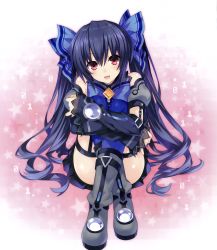 Rule 34 | 10s, 1girl, :d, bare shoulders, belt, black hair, blush, boots, bow, chou megami shinkou noire gekishin black heart, crop top, crossed legs, detached sleeves, garter straps, grey footwear, hair ribbon, highres, long hair, looking at viewer, neptune (series), noire (neptunia), official art, open mouth, outline, red eyes, ribbon, shirt, sitting, skirt, smile, solo, star (symbol), taut clothes, taut shirt, thighhighs, tsunako, twintails, very long hair