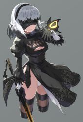 Rule 34 | 1girl, black dress, black hair, black hairband, blindfold, blunt bangs, breasts, bug, butterfly, cleavage, cleavage cutout, clothing cutout, cosplay, dress, gloves, grey background, hairband, highres, insect, leotard, medium breasts, medium hair, multicolored hair, nier:automata, nier (series), pera, satsuki yomi, solo, sword, thighhighs, toji no miko, two-tone hair, weapon, white hair, white leotard, 2b (nier:automata), 2b (nier:automata) (cosplay)