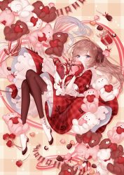 Rule 34 | 1girl, absurdres, blue eyes, box, braid, brown hair, brown thighhighs, chocolate, covered mouth, dress, floating hair, flower, frilled dress, frills, full body, gift, gift box, gloves, highres, horns, indie virtual youtuber, knees up, long hair, looking at viewer, nanase subaru, plaid, plaid dress, red dress, red flower, red gloves, shadow, sheep horns, shoes, solo, sparkle, stuffed animal, stuffed toy, teddy bear, thighhighs, valentine, virtual youtuber, white footwear, yoggi (stretchmen)