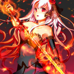 Rule 34 | 1girl, bad id, bad pixiv id, bare shoulders, dress, elbow gloves, embers, fire, flamberge (vocaloid), flower, gloves, hair flower, hair ornament, highres, long hair, megurine luka, pink eyes, pink hair, red eyes, solo, sword, vocaloid, weapon, yun (snoopy), yuzuki kihiro
