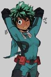 Rule 34 | 1girl, ;), arms behind head, arms up, belt pouch, black footwear, bodysuit, boku no hero academia, boots, borrowed design, breasts, commentary, dark-skinned female, dark skin, elbow pads, english commentary, freckles, genderswap, genderswap (mtf), green bodysuit, green eyes, green hair, highres, hood, hooded bodysuit, knuxy, looking at viewer, messy hair, midoriya izuku, one eye closed, pouch, short hair, small breasts, smile, solo, standing, thigh boots, thighhighs
