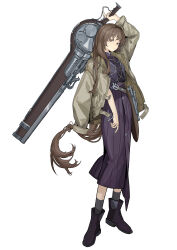 Rule 34 | 1girl, absurdres, al3x alex, arm out of sleeve, arm up, black socks, brown eyes, brown hair, full body, highres, holding, holding weapon, jacket, long hair, original, purple footwear, simple background, socks, solo, weapon, white background