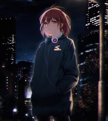 Rule 34 | 1girl, black hoodie, brown eyes, brown hair, building, character request, closed mouth, commentary request, copyright request, cowboy shot, hands in pockets, headphones, headphones around neck, highres, hood, hoodie, lamppost, long sleeves, looking at viewer, night, night sky, out type (outtypeex), outdoors, short hair, sky, skyscraper, solo, standing