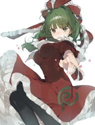 Rule 34 | 1girl, absurdres, black pantyhose, blush, breasts, commentary, commission, dress, feet out of frame, foreshortening, frilled ribbon, frills, green eyes, green hair, higa (gominami), highres, kagiyama hina, large breasts, looking at viewer, pantyhose, pixiv commission, pointing, pointing at viewer, red dress, ribbon, simple background, smile, solo, touhou, white background