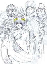 Rule 34 | 6+boys, anonhistory, bald, closed mouth, facial hair, greyscale, helmet, highres, laurel crown, looking at viewer, male focus, monochrome, multiple boys, nipples, nude, original, partially colored, pectorals, short hair, trap