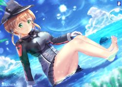 Rule 34 | 1girl, anchor hair ornament, artist logo, barefoot, black skirt, blonde hair, blush, chinchongcha, closed mouth, cloud, cross, day, feet, full body, gloves, green eyes, hair ornament, hat, highres, iron cross, kantai collection, looking at viewer, low twintails, microskirt, military, military hat, military uniform, ocean, panties, peaked cap, prinz eugen (kancolle), sitting, skirt, sky, smile, soaking feet, solo, summer, twintails, underwear, uniform, water, water drop, white gloves, white panties