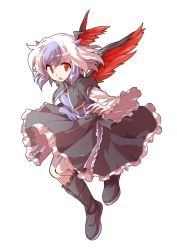 Rule 34 | 1girl, alphes (style), black footwear, black skirt, blue hair, boots, commentary request, dairi, feathered wings, frilled skirt, frilled sleeves, frills, full body, head wings, horns, long sleeves, multicolored hair, open mouth, parody, red eyes, red wings, short hair, single head wing, skirt, solo, style parody, tachi-e, tokiko (touhou), touhou, transparent background, two-tone hair, white hair, wings