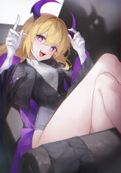 Rule 34 | 1girl, :d, absurdres, breasts, couch, crossed legs, crystalherb, feet out of frame, gloves, hair between eyes, hands up, highres, horns, knees up, long hair, looking at viewer, lying, on back, open mouth, original, purple eyes, purple horns, shadow, small breasts, smile, solo, white gloves, wide sleeves