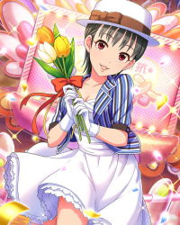 10s 1girl alternate_costume artist_request black_hair confetti dress eyebrows female_focus flower frilled_dress frills gloves hat idolmaster idolmaster_cinderella_girls matsubara_saya official_art red_eyes short_hair solo sparkle stage_lights striped tulip white_dress white_gloves