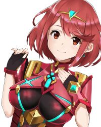Rule 34 | 1girl, arm at side, armor, black gloves, bodysuit, breasts, chromatic aberration, circlet, closed mouth, earrings, fingerless gloves, gloves, hand on own chest, highres, impossible bodysuit, impossible clothes, j@ck, jewelry, large breasts, looking at viewer, nintendo, pyra (xenoblade), red eyes, red hair, short hair, simple background, smile, solo, swept bangs, upper body, xenoblade chronicles (series), xenoblade chronicles 2