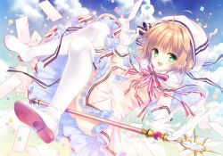 Rule 34 | 1girl, blue sky, blush, brown hair, capelet, card, cardcaptor sakura, clothes lift, cloud, commentary request, dress, dutch angle, falling petals, flat chest, flying, frilled dress, frills, full body, gloves, green eyes, hair between eyes, hand up, happy, highres, kinomoto sakura, knees together feet apart, legs, magical girl, open mouth, petals, pink dress, red ribbon, ribbon, short hair, sidelocks, skirt, skirt lift, sky, sleeveless, sleeveless dress, smile, solo, staff, star (symbol), star ornament, tatekawa mako, thighhighs, thighs, white capelet, white footwear, white gloves, white thighhighs, wing ornament, zettai ryouiki