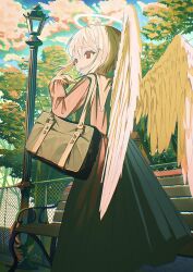 Rule 34 | 1girl, angel, angel wings, bag, bench, chain-link fence, cloud, day, dress, feathered wings, feet out of frame, fence, from behind, halo, hand up, highres, kagenoyuhi, lamppost, long dress, long sleeves, looking to the side, original, outdoors, park bench, parted lips, red eyes, sailor collar, sailor dress, short hair, shoulder bag, solo, standing, tree, white hair, white sailor collar, white wings, wings