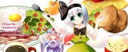 Rule 34 | 2girls, ^ ^, ascot, bacon, black ribbon, blue kimono, breasts, broccoli, center frills, cherry tomato, closed eyes, closed mouth, coffee, commentary request, egg (food), english text, engrish text, food, fork, frills, green eyes, green skirt, green vest, hair ribbon, hands up, happy, hat, head tilt, holding, holding fork, holding spatula, honey, japanese clothes, jar, ketchup, kimono, konpaku youmu, large breasts, lettuce, mob cap, multiple girls, obi, omelet, omurice, open mouth, pink hair, plate, puffy short sleeves, puffy sleeves, ranguage, ribbon, saigyouji yuyuko, sash, shirt, short hair, short sleeves, skirt, smile, spatula, sunny side up egg, teaspoon, tomato, touhou, triangular headpiece, usuusu, vest, white hair, white shirt, wide sleeves
