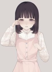 Rule 34 | 1girl, black hair, blush, brown eyes, brown nails, commentary request, crying, crying with eyes open, dress, grey background, hands up, highres, long hair, long sleeves, looking at viewer, original, parted lips, pink dress, shirt, simple background, sleeveless, sleeveless dress, solo, tears, tsuruse, upper body, wavy mouth, white shirt, wiping tears