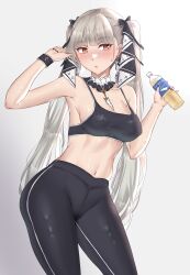 Rule 34 | 1girl, absurdres, alternate costume, arm up, armpits, azur lane, between breasts, black leggings, black nails, black sports bra, blush, bottle, bow, breasts, cleavage, closed mouth, commentary, earrings, feet out of frame, formidable (azur lane), grey background, grey hair, hair bow, hair ribbon, highres, holding, holding bottle, jewelry, juice, leggings, lips, long hair, looking at viewer, medium breasts, nail polish, navel, orange eyes, pants, ribbon, seyrensophia, simple background, solo, sports bra, sportswear, standing, stomach, sweatdrop, twintails, very long hair, yoga pants