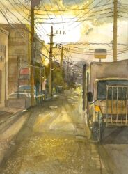 Rule 34 | building, car, day, motor vehicle, no humans, original, painting (medium), power lines, road, road sign, scenery, sign, street, sunlight, tlctm7h8wdwnthx, traditional media, truck, utility pole, watercolor (medium)