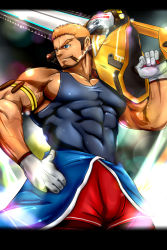 Rule 34 | 1boy, bara, bare shoulders, black tank top, brown hair, bulge, cigar, clothes around waist, covered abs, covered navel, dark-skinned male, dark skin, doro rich, facial hair, feet out of frame, frown, gloves, goatee, gyee, highres, holding, holding weapon, jacket, jacket around waist, large pectorals, long sideburns, male focus, mature male, muscular, muscular male, orange hair, over shoulder, pants, pectoral cleavage, pectorals, rand (gyee), red pants, saw, short hair, sideburns, sidepec, smile, smoking, solo, tank top, weapon, weapon over shoulder, white gloves